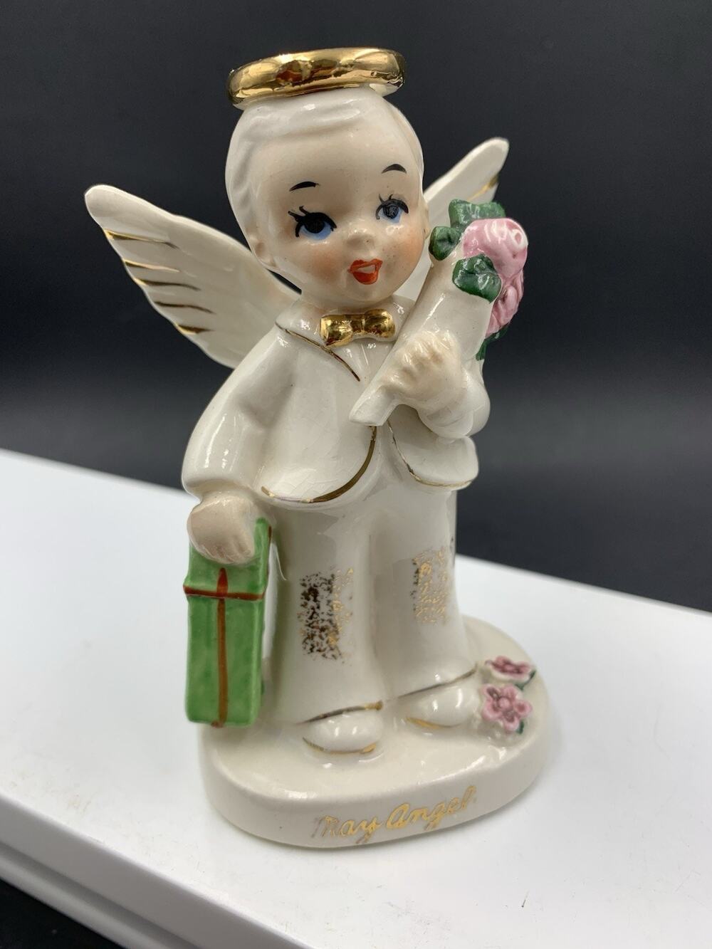 Vintage Napco May Boy Angel Figurine A1921 Japan 1956 w/Flowers and Gift